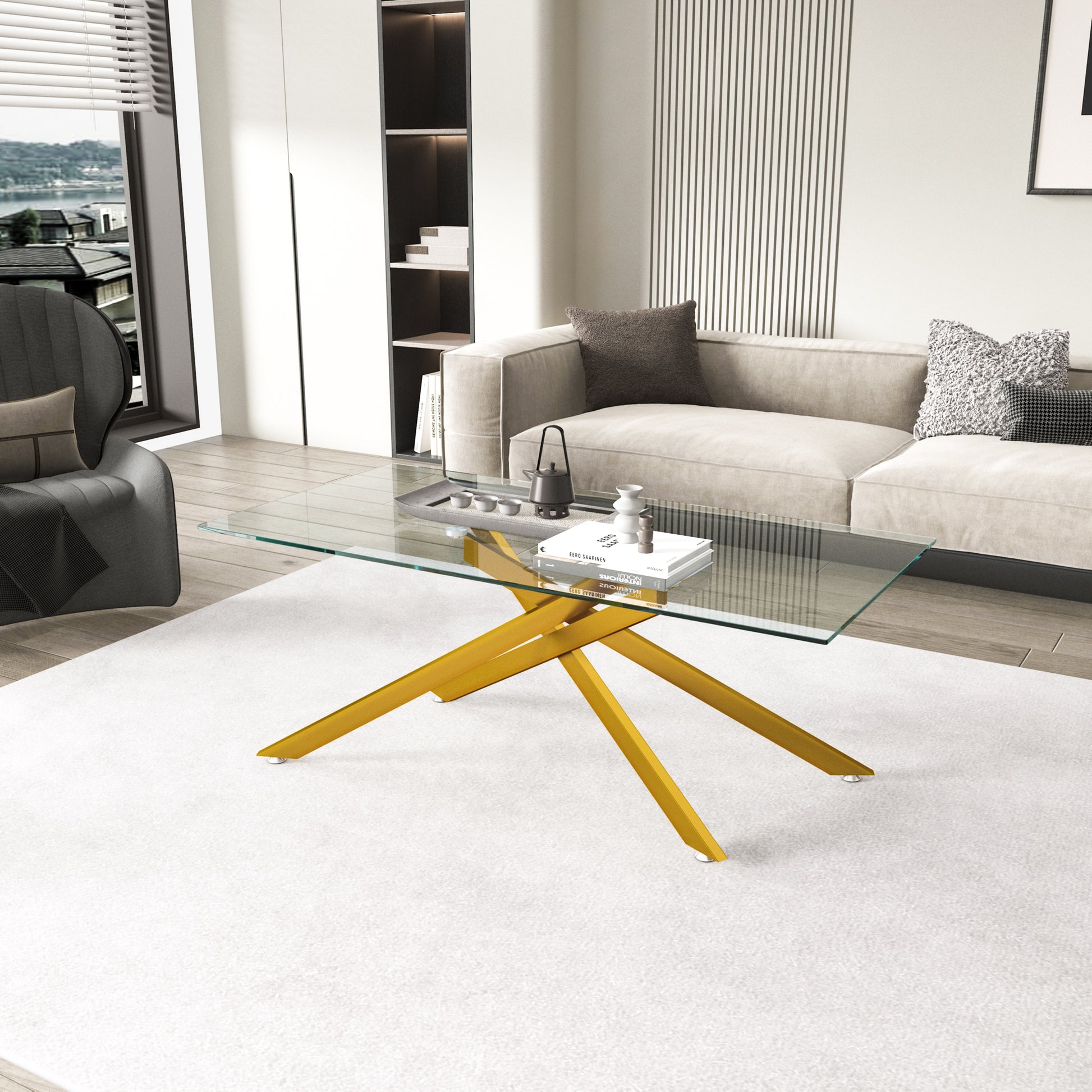Golden Tempered Glass Coffee Table - 47.2" Rectangular