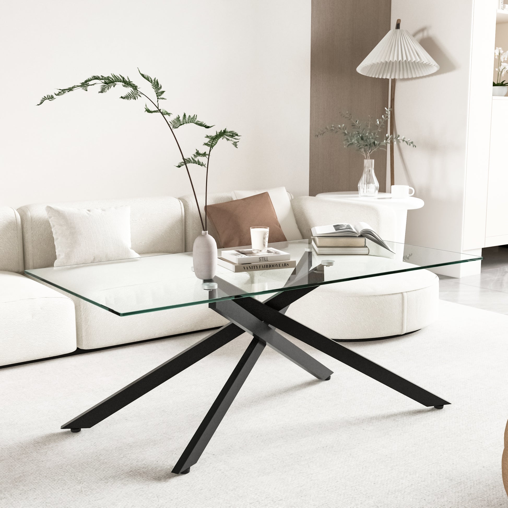 Black Tempered Glass Coffee Table - 47.2" x 23.6" for Living Room