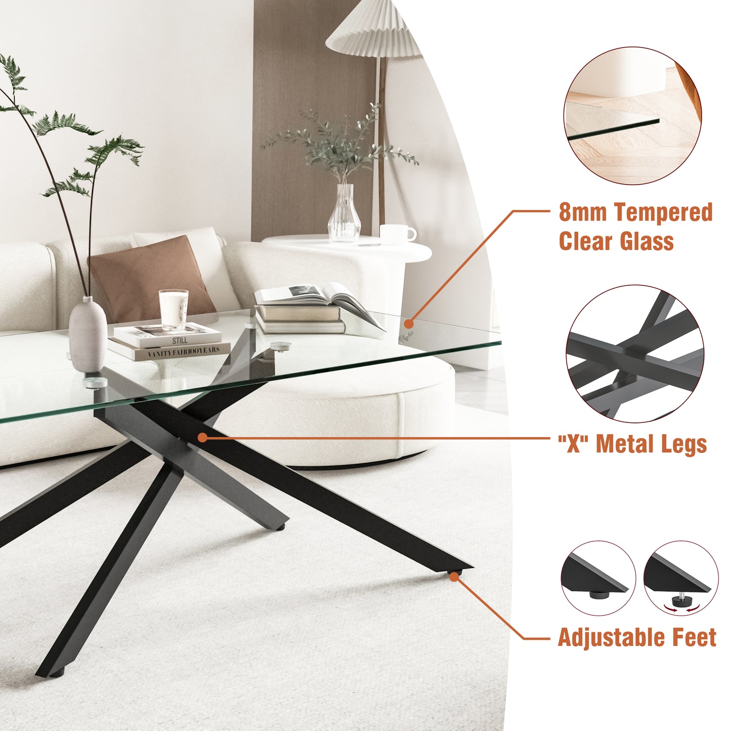 Black Tempered Glass Coffee Table - 47.2" x 23.6" for Living Room
