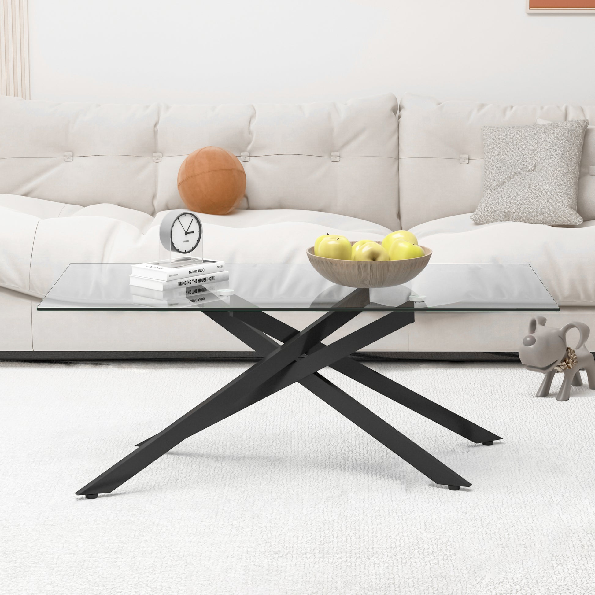 47.2" Rectangular Clear Tempered Glass Coffee Table,Stylish Design with Black Metal Legs, Coffee Table for Living Room