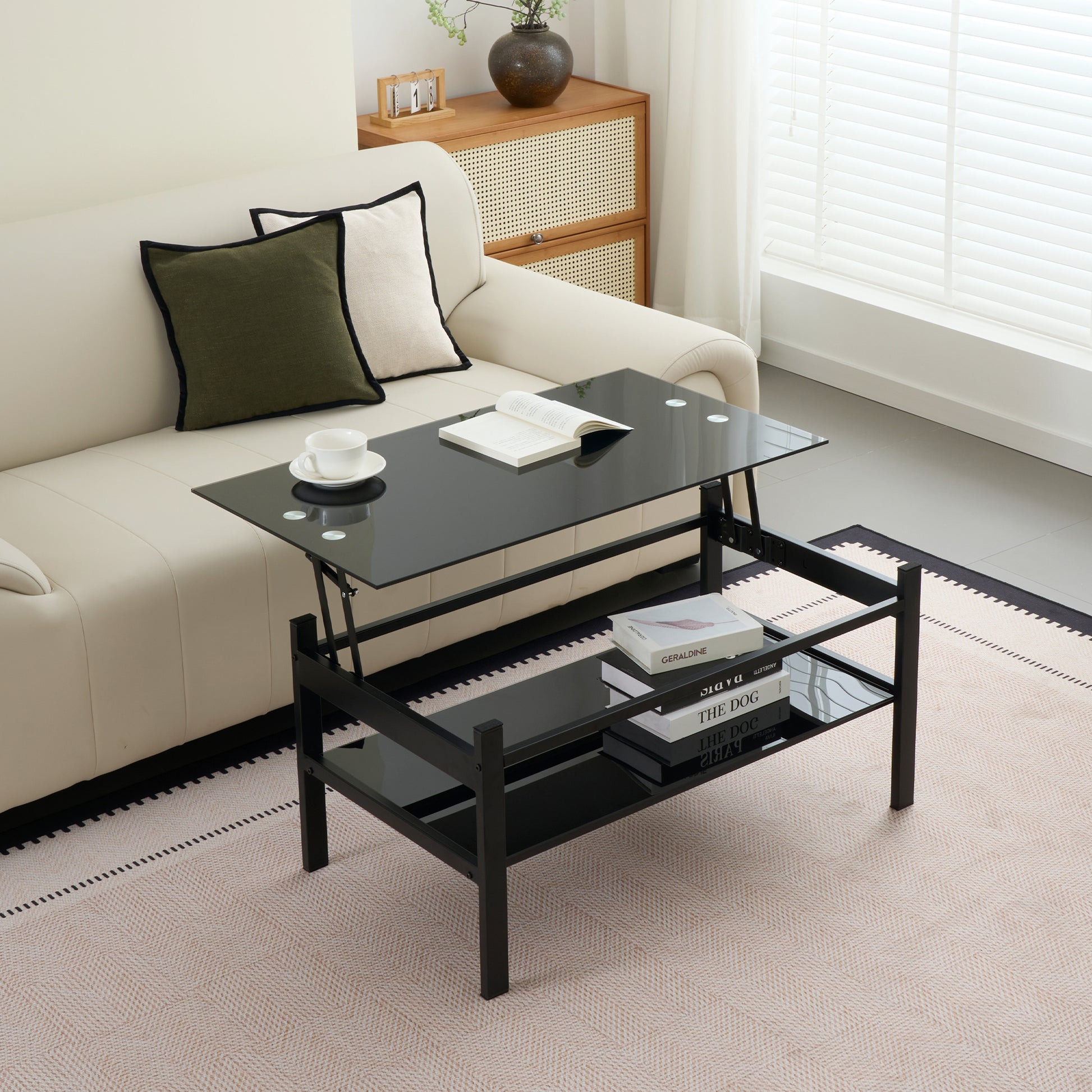 Glass Lift Top Coffee Table, Modern Simple 2-Layer Tempered Glass Coffee Table for Living Room, Black