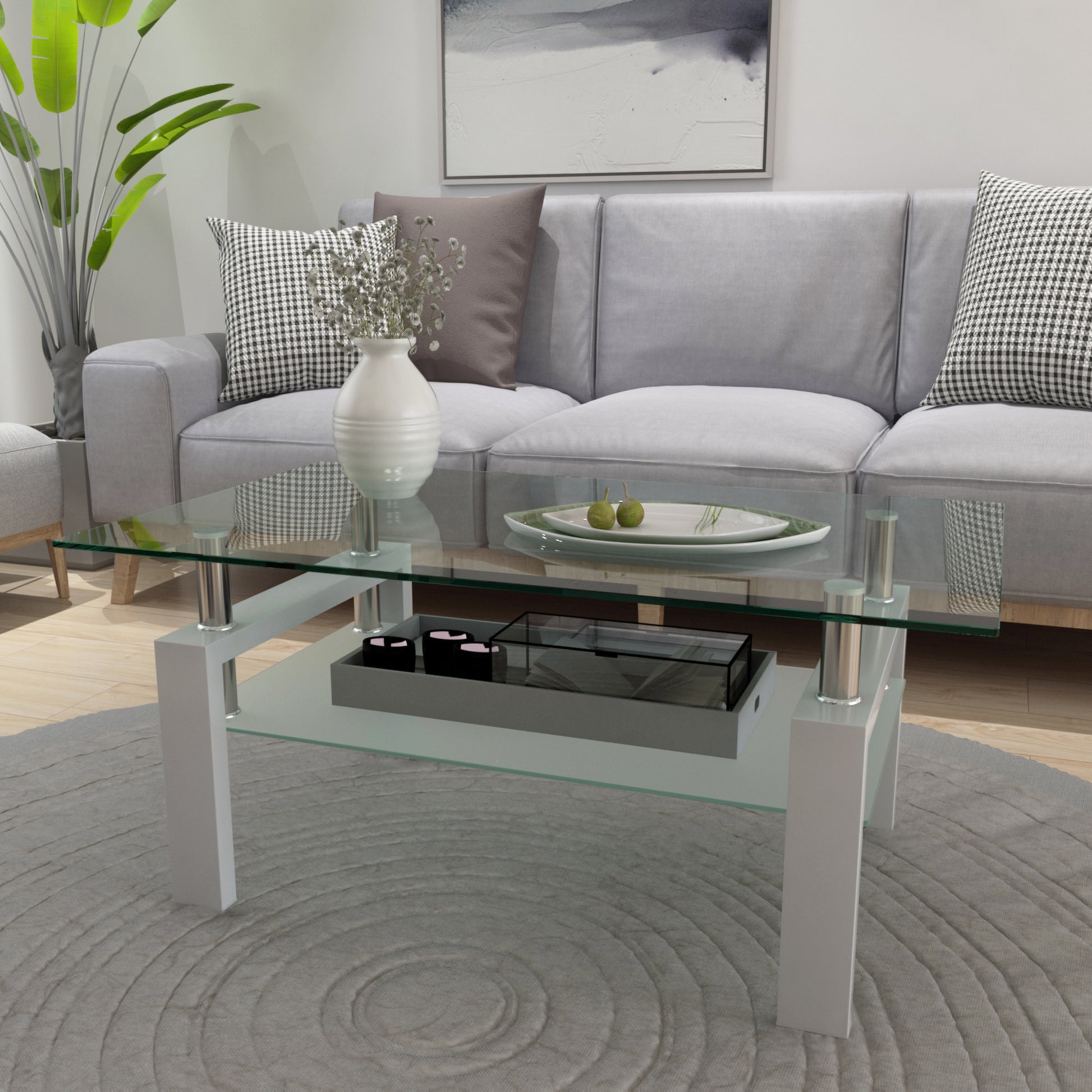 White Glass Coffee Table - Modern Side Table for Living Room