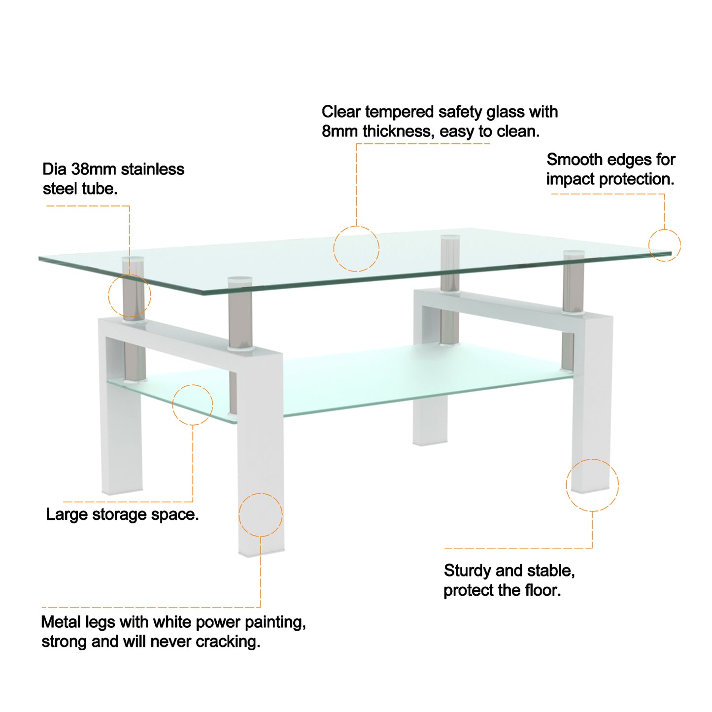 White Glass Coffee Table - Modern Side Table for Living Room