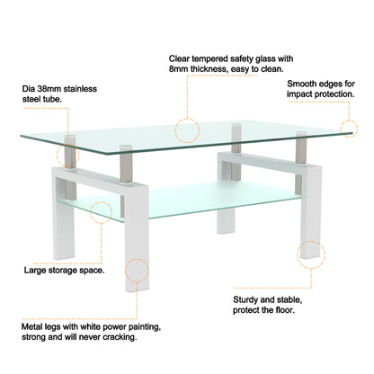 White Glass Coffee Table - Modern Side Table for Living Room