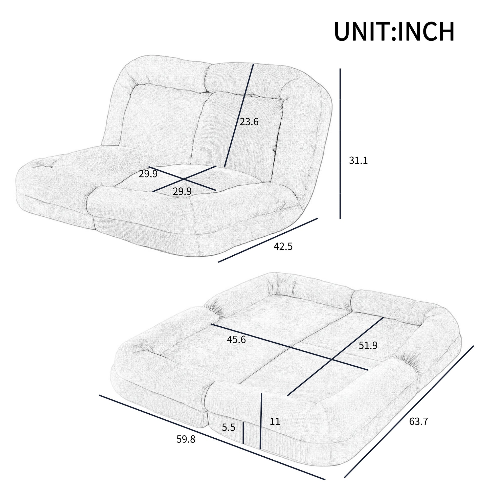 Living Room Gray Metal Convertible Sofa Bed with Cotton Filler for Flexible Seating