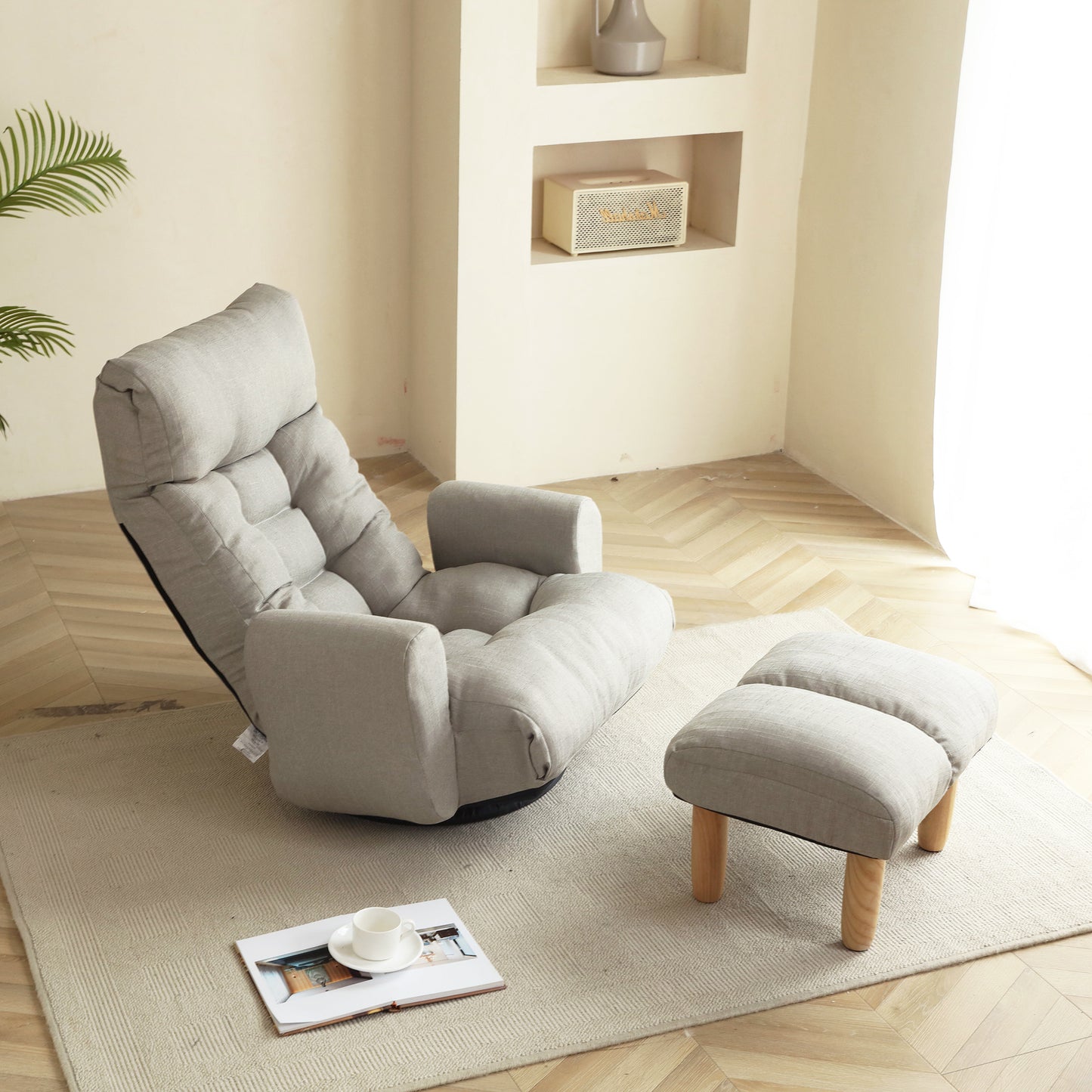 Cement Grey Linen Bean Bag Chair - Adjustable Lounge Sofa