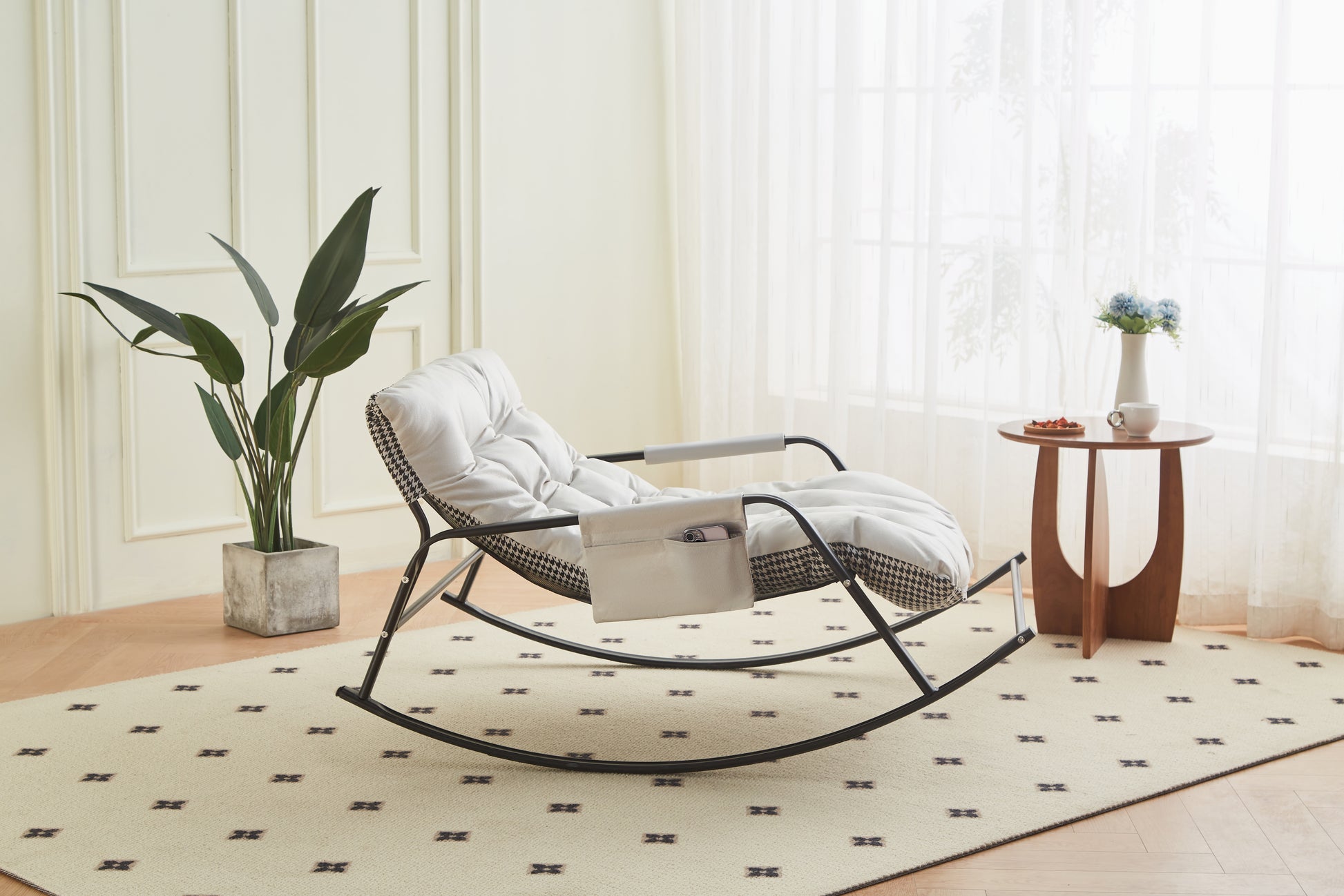 Rocking Chair with Extra-Wide Technical leather Upholstered Gliding Chair Boucle Reclining Chair, Modern Accent Chair for Living Room Nursery Bedroom -white