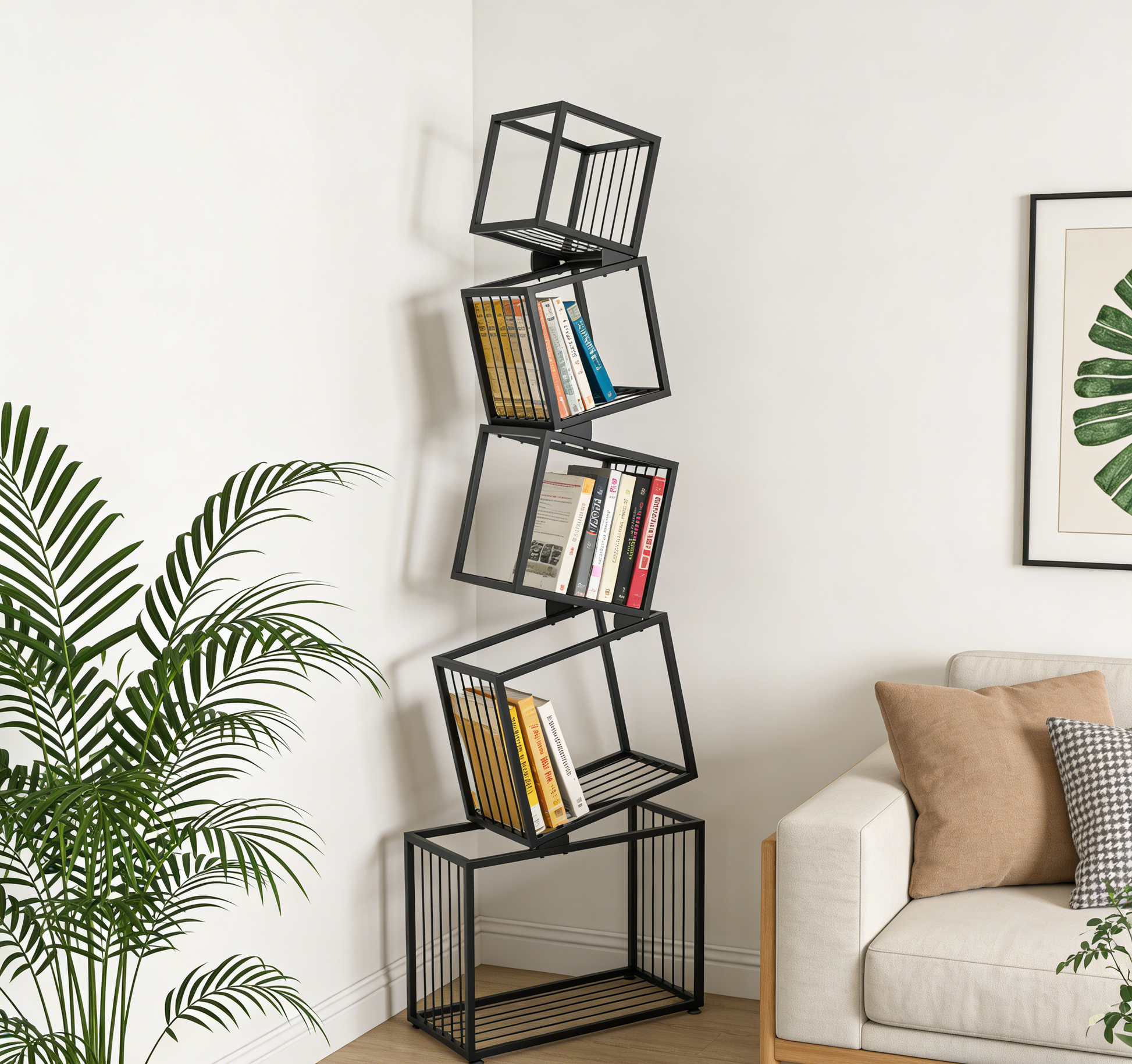 Black Geometric Bookshelf - 5 Tier Metal Display Shelf for Living Room