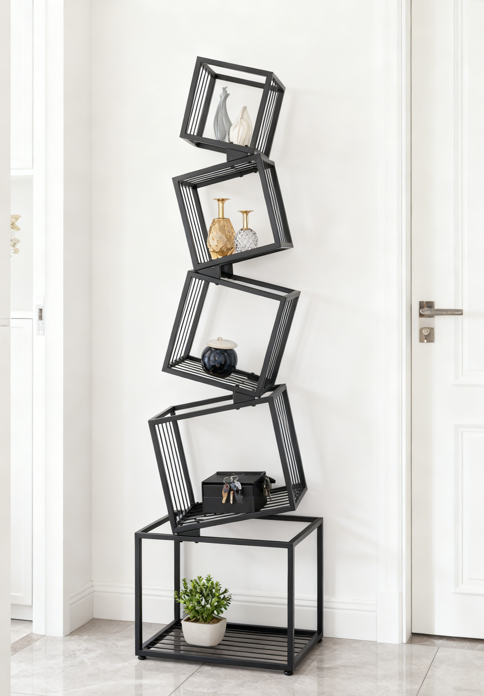 Black Geometric Bookshelf - 5 Tier Metal Display Shelf for Living Room