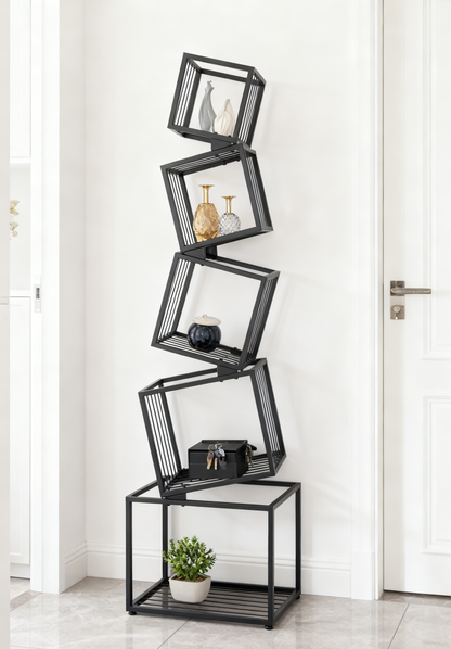 Black Geometric Bookshelf - 5 Tier Metal Display Shelf for Living Room