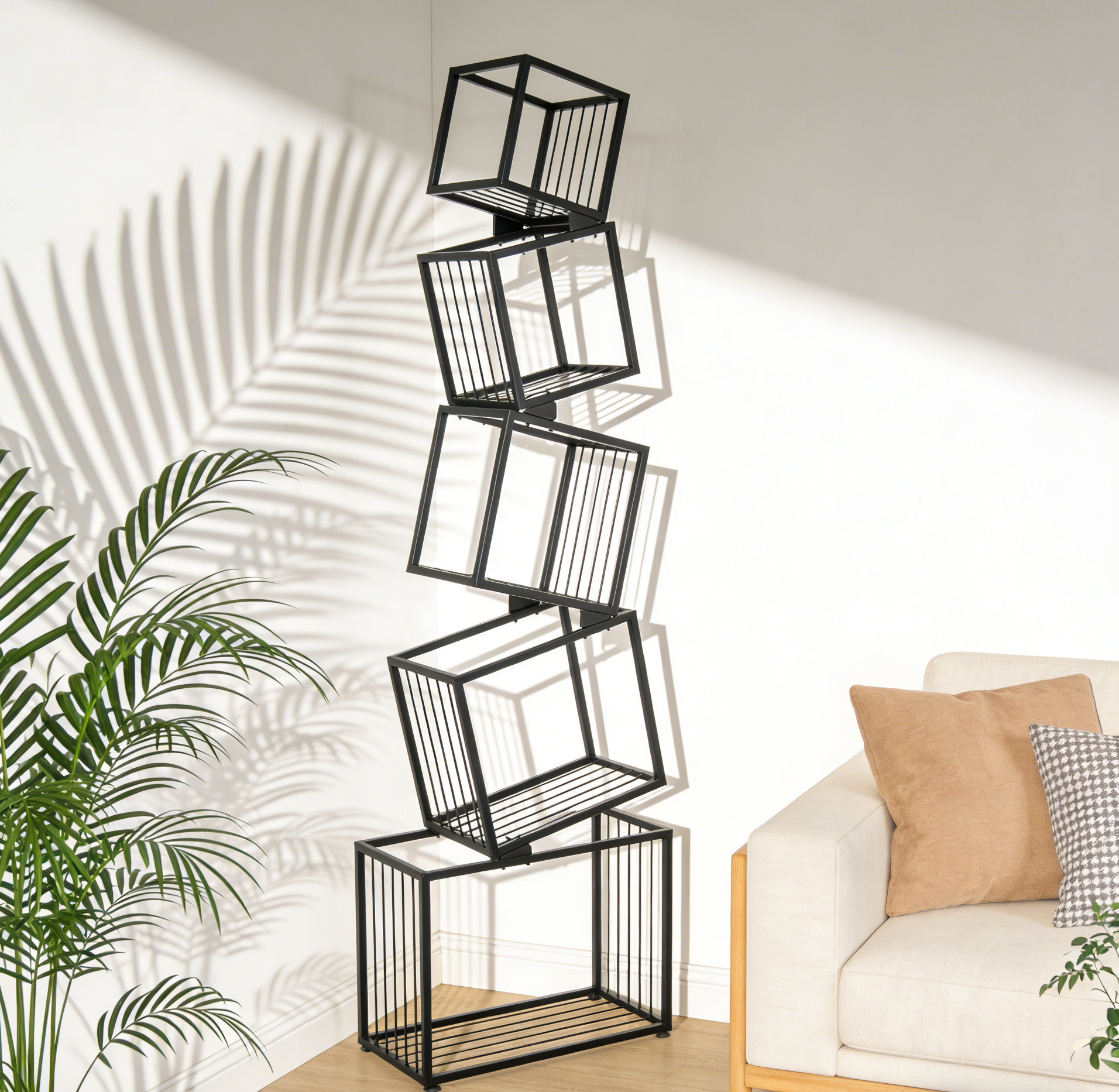 Black Geometric Bookshelf - 5 Tier Metal Display Shelf for Living Room
