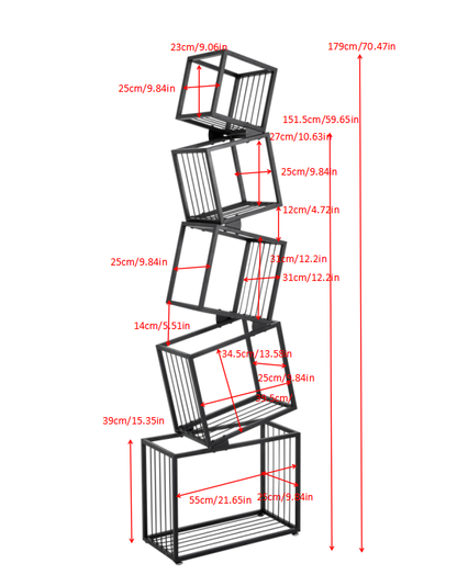 Black Geometric Bookshelf - 5 Tier Metal Display Shelf for Living Room