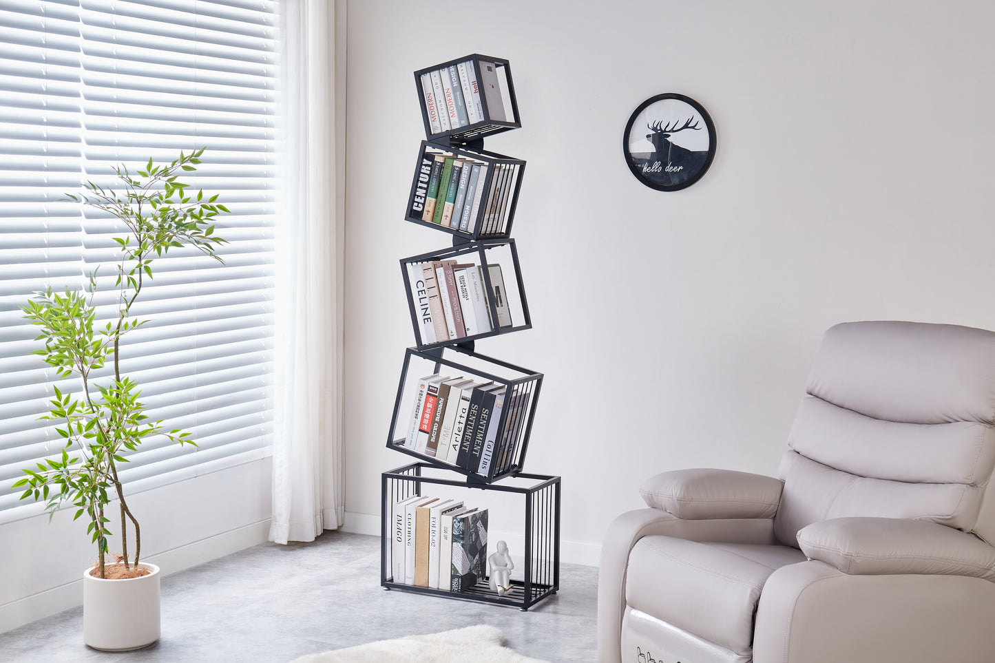 5-Tier Metal Geometric Bookshelf-ModernNarrow Floor Bookcase, Space-SavingOrganizer for Living Room, Bedroom, Office,Corner-Black