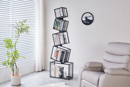 5-Tier Metal Geometric Bookshelf-ModernNarrow Floor Bookcase, Space-SavingOrganizer for Living Room, Bedroom, Office,Corner-Black