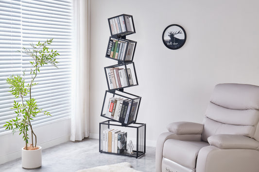 5-Tier Metal Geometric Bookshelf-ModernNarrow Floor Bookcase, Space-SavingOrganizer for Living Room, Bedroom, Office,Corner-Black