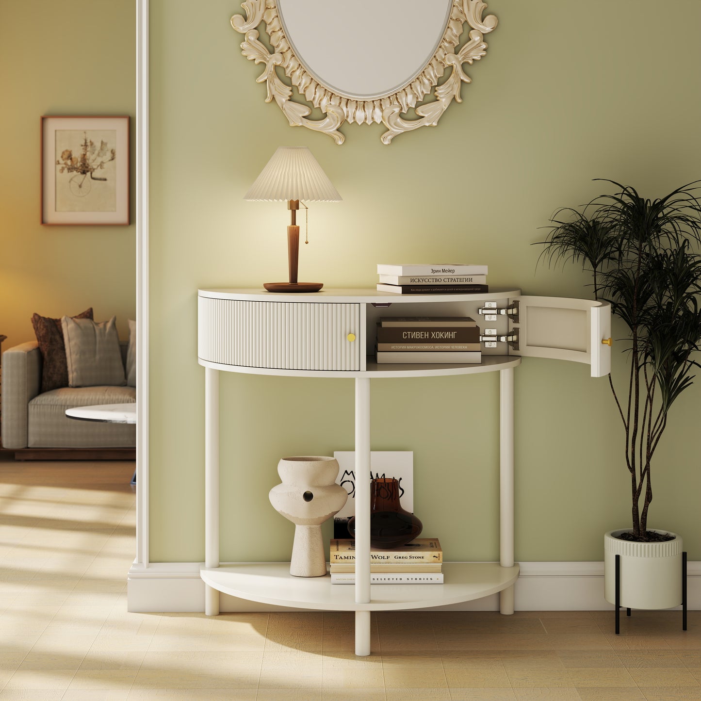 Cream White Console Table - 31.5" Demi Lune Entryway Table with Storage
