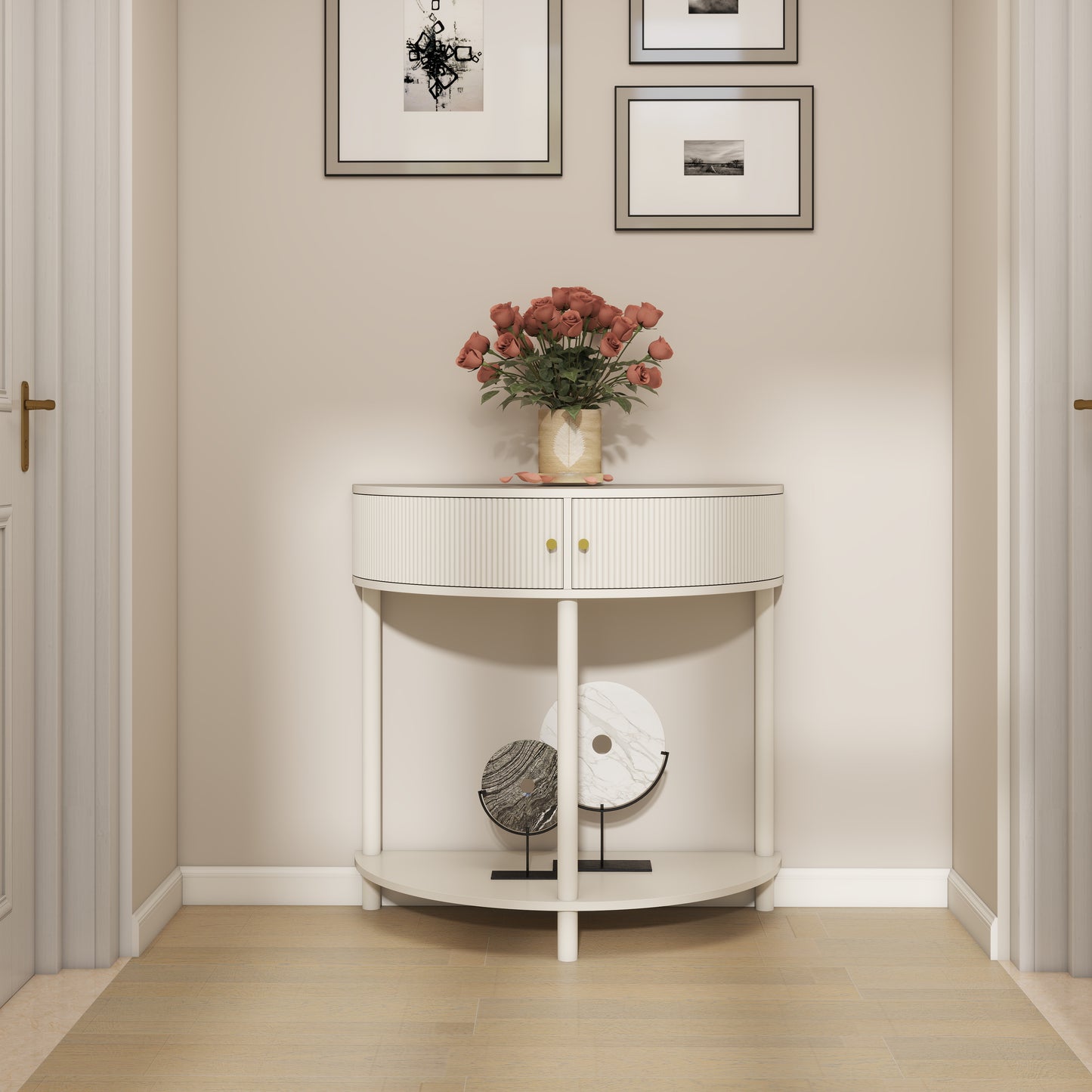 Cream White Console Table - 31.5" Demi Lune Entryway Table with Storage