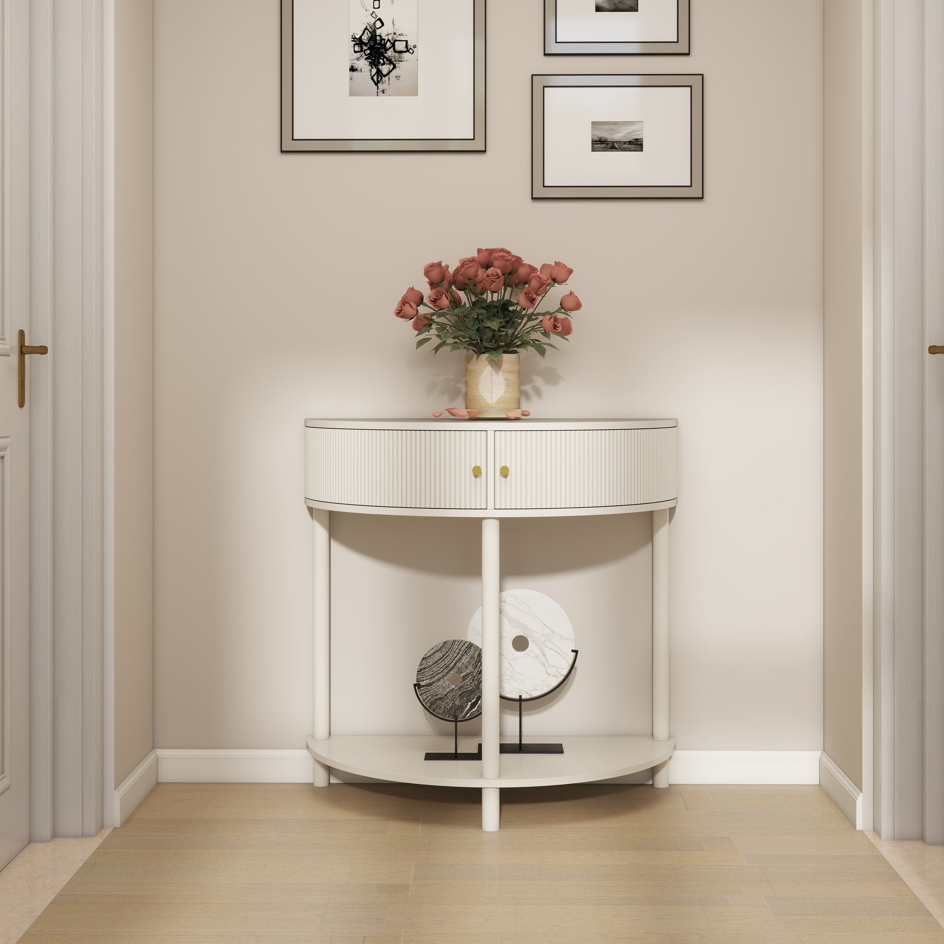 Cream White Console Table - 31.5" Demi Lune Entryway Table with Storage