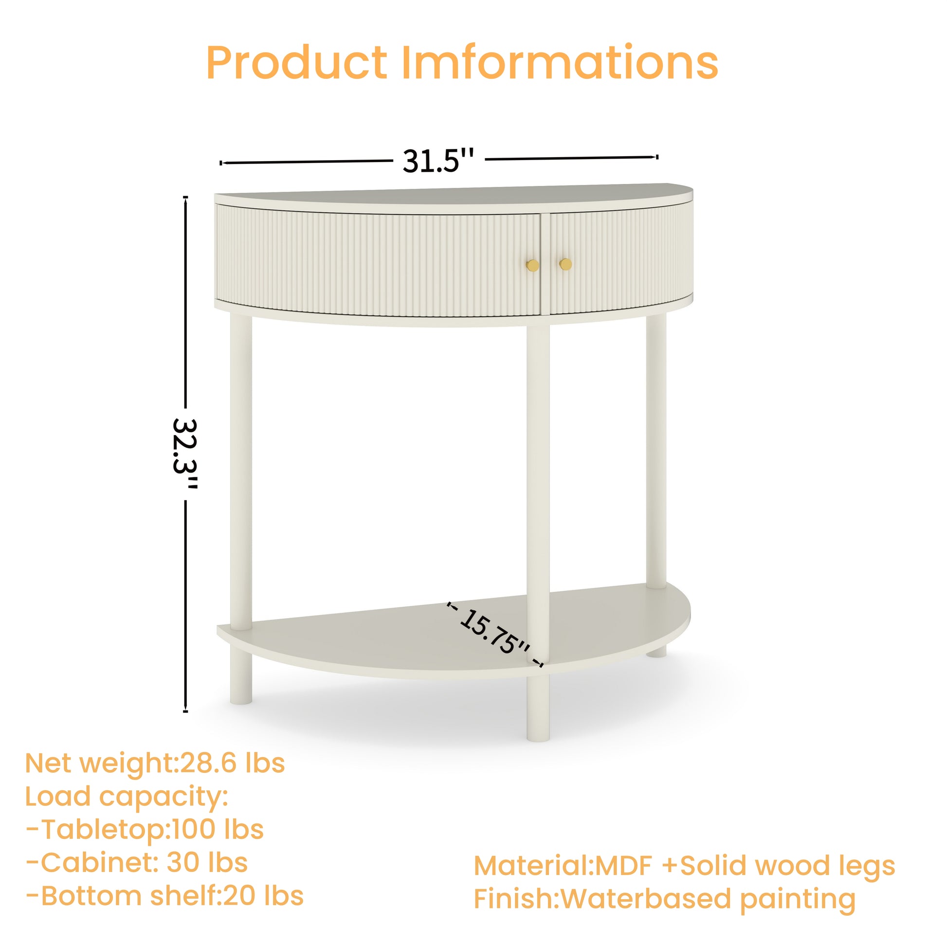 Cream White Console Table - 31.5" Demi Lune Entryway Table with Storage