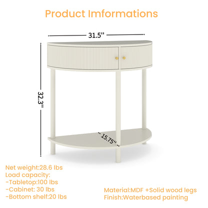 Cream White Console Table - 31.5" Demi Lune Entryway Table with Storage