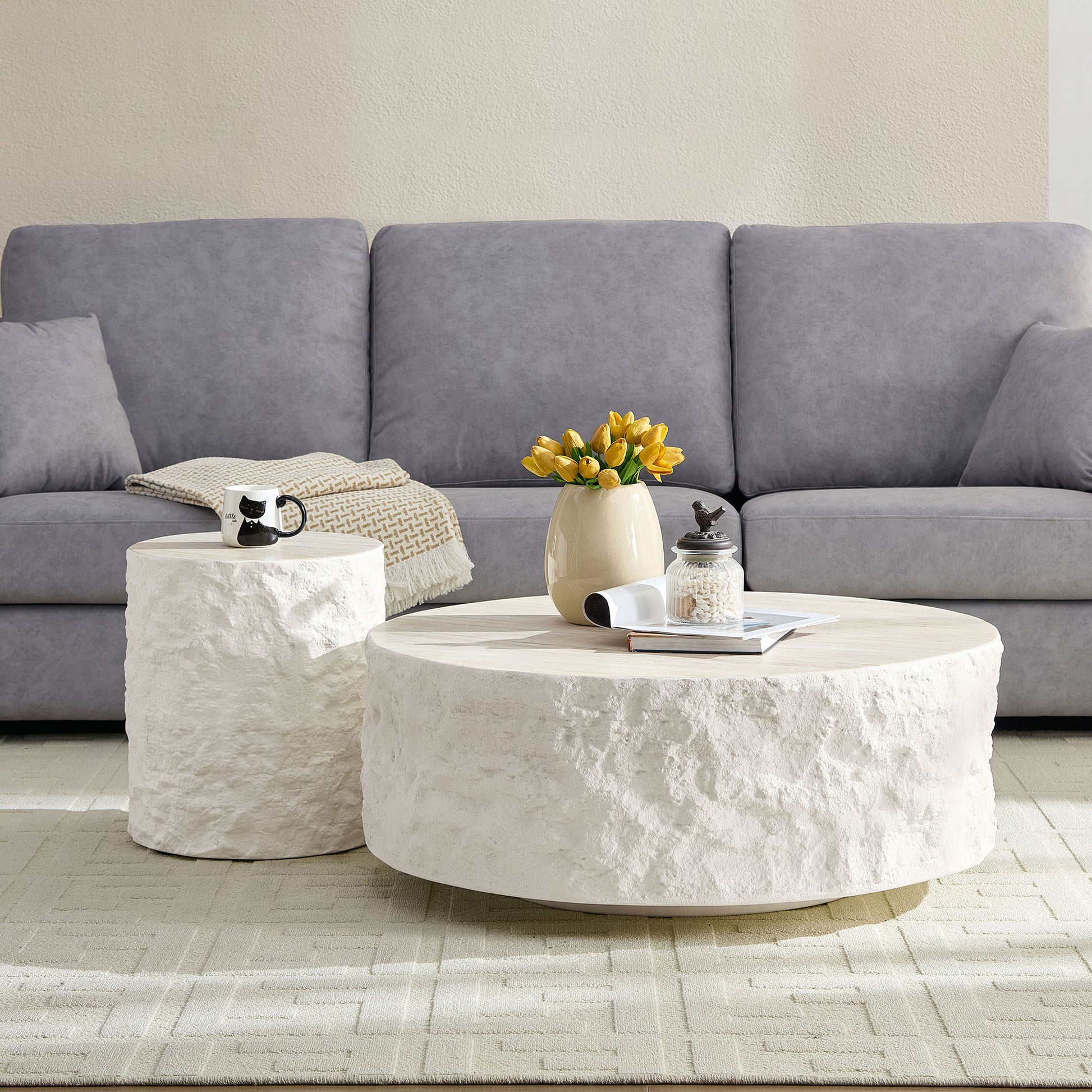 Beige Fiberglass Round Coffee Table with No Assembly for Living Room