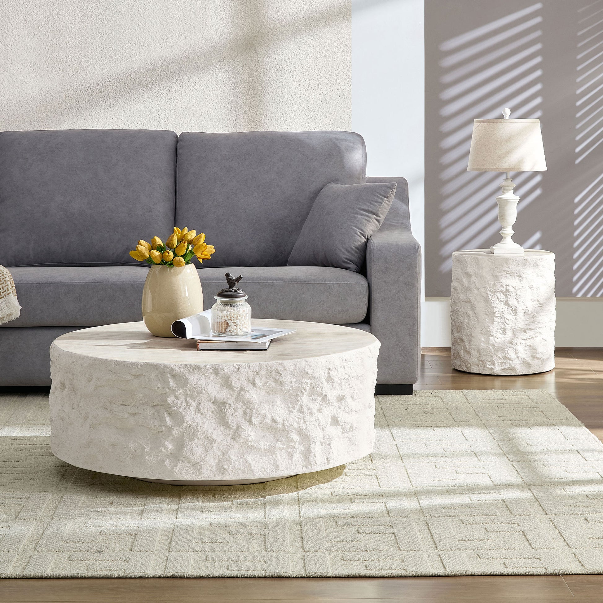 Beige Fiberglass Round Coffee Table with No Assembly for Living Room