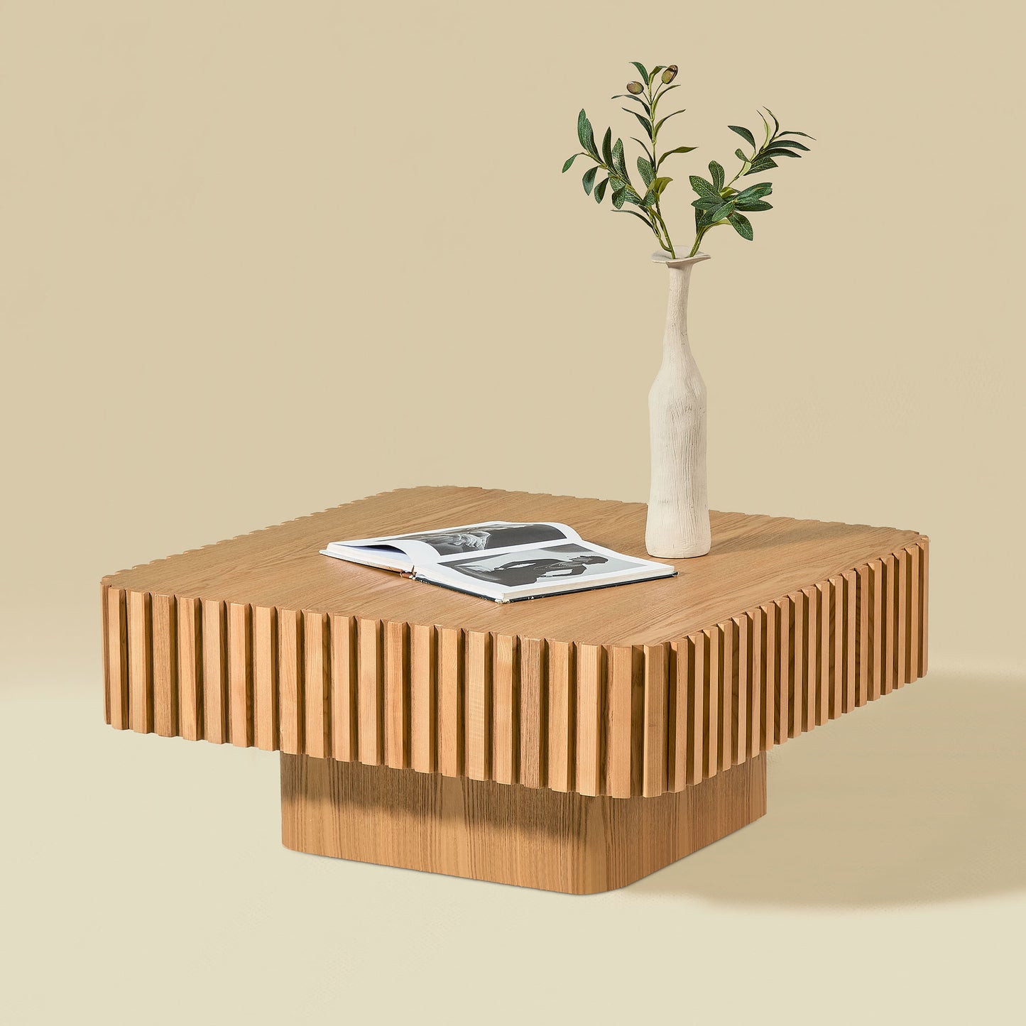 Modern 35.43 Inch Handcraft Drum Coffee Table Square Coffee Table for Living Room,Small Wooden Coffee Table with Sturdy MDF Pedesta,Narual Color