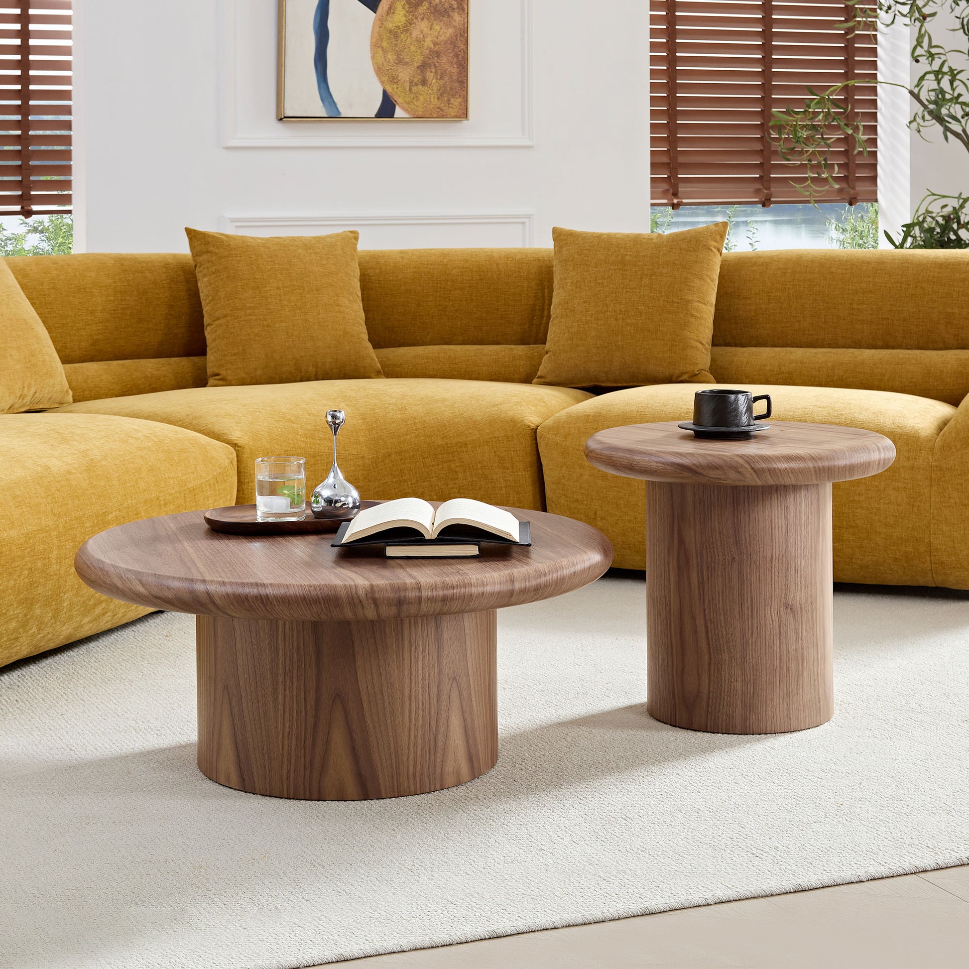 2-Piece Modern Round Coffee Table Set for Living Room,Easy Assembly Coffee Tables, End Side Tables for Leisure Area,Office,Walnut