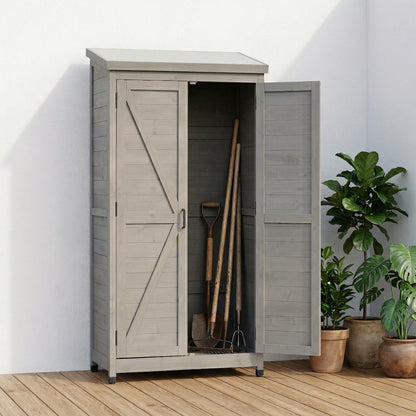Outdoor Wooden Storage Shed with Metal Top Tall Vertical Tool Cabinet for Backyard Garden Patio Lawn