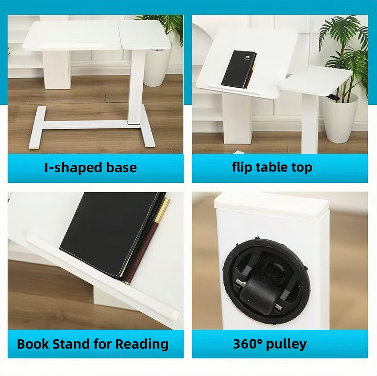 White Adjustable Bedside Table with Wheels for Living Room