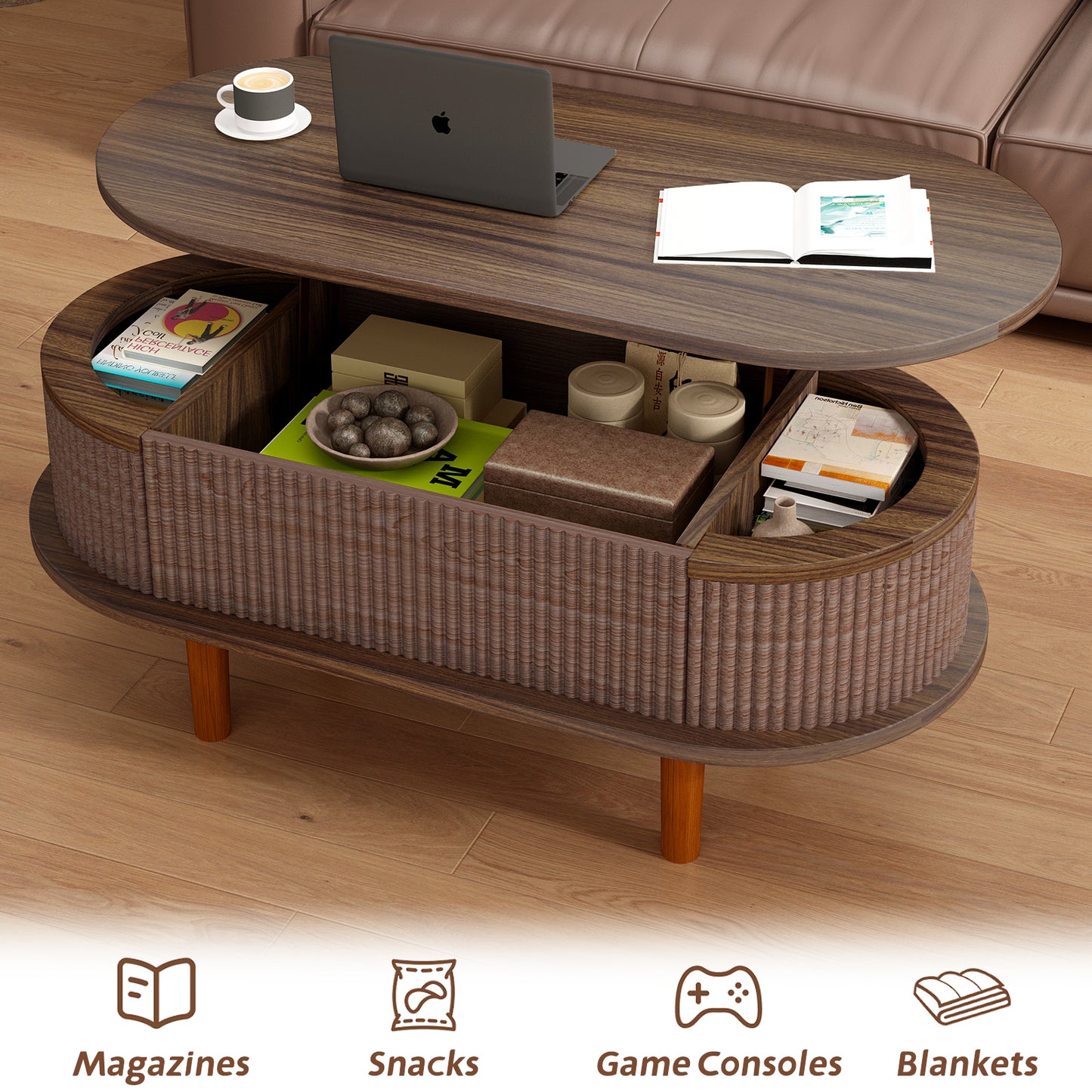 Living Room Walnut Lift Top Coffee Table with Hidden Storage, Mid-Century Modern