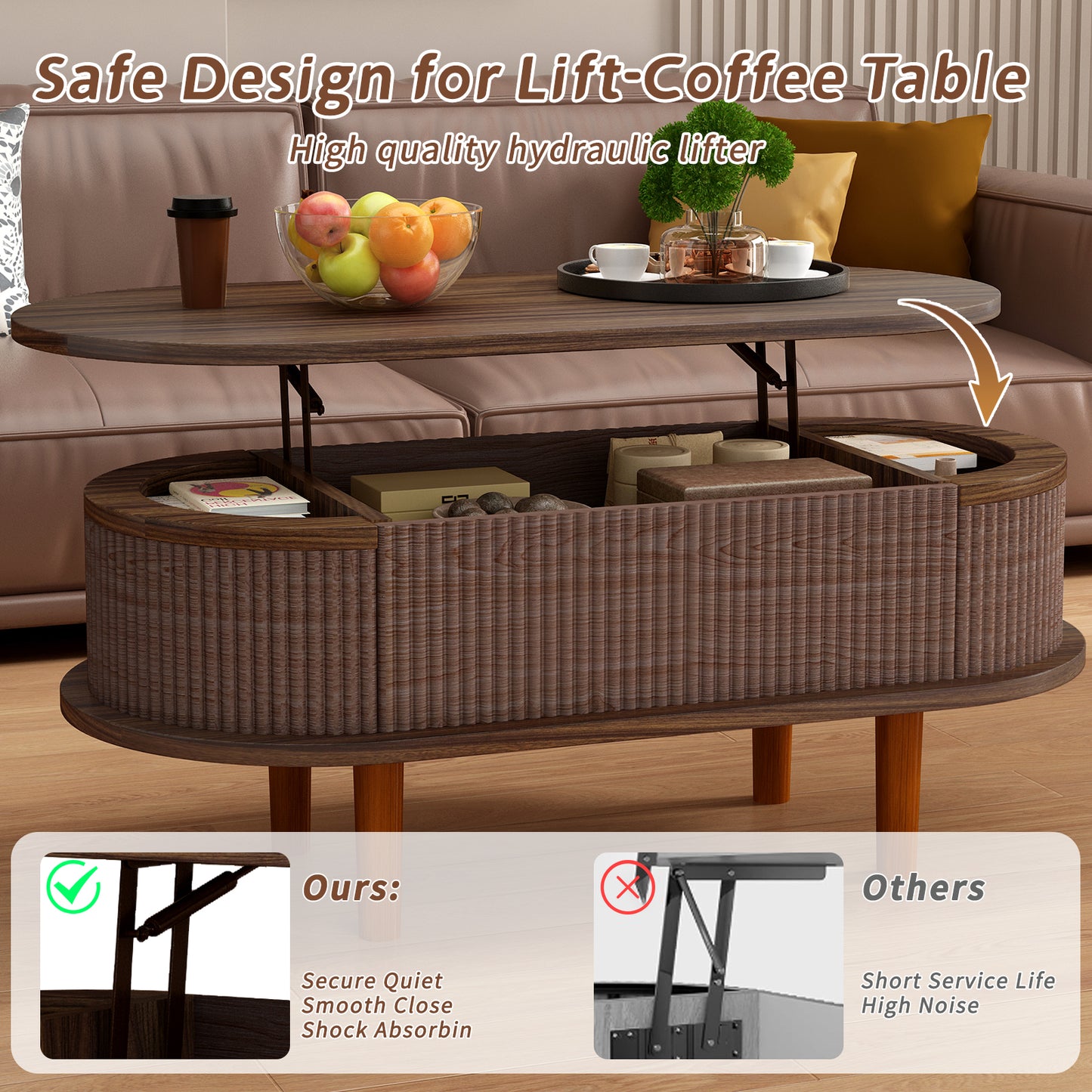 Living Room Walnut Lift Top Coffee Table with Hidden Storage, Mid-Century Modern
