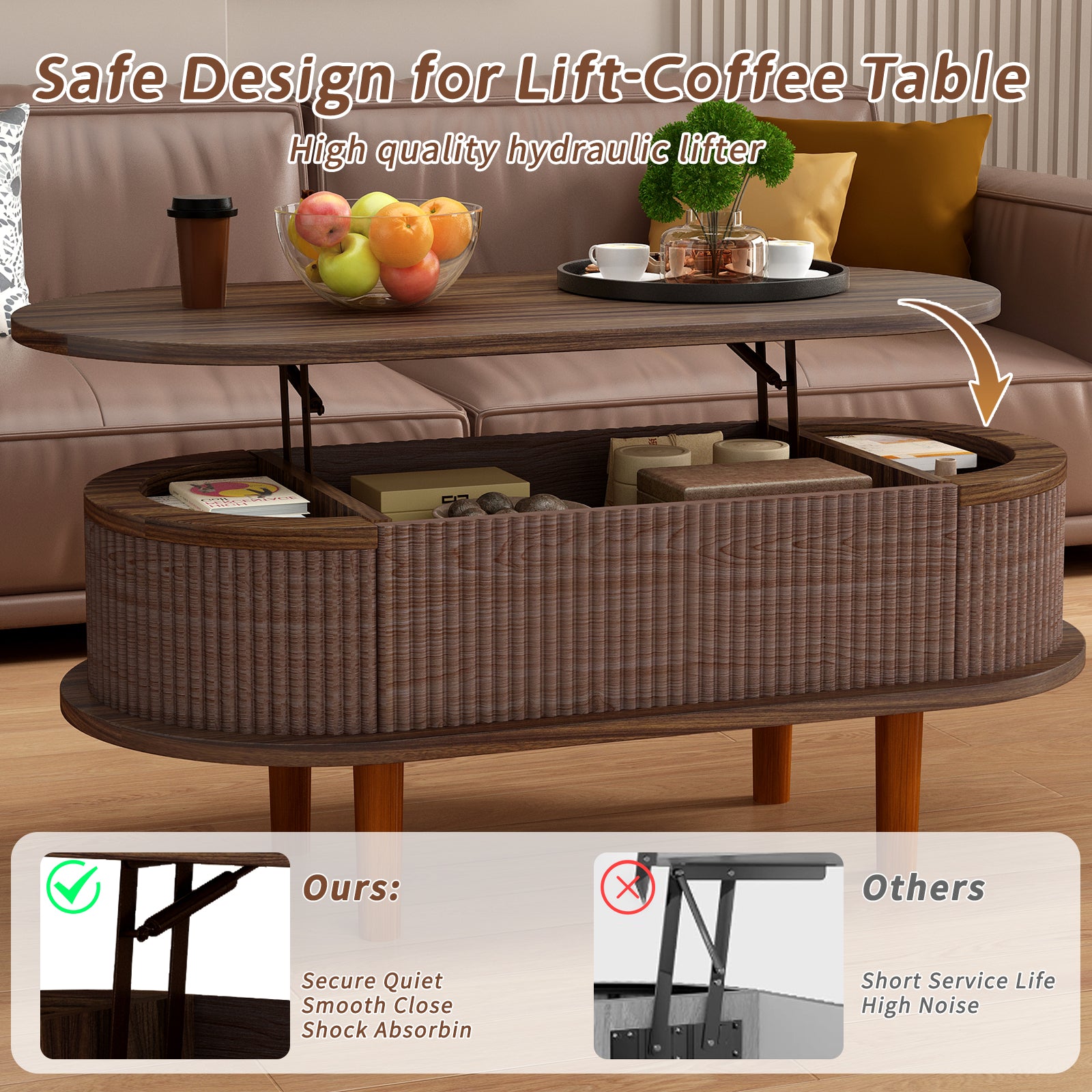 Living Room Walnut Lift Top Coffee Table with Hidden Storage, Mid-Century Modern
