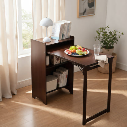 Bamboo Folding Desk, Foldable Desk for Small Space, Computer Desk with Hidden Storage, Mid Century Foldable Table for Home Office and Bedroom (Walnut Brown)