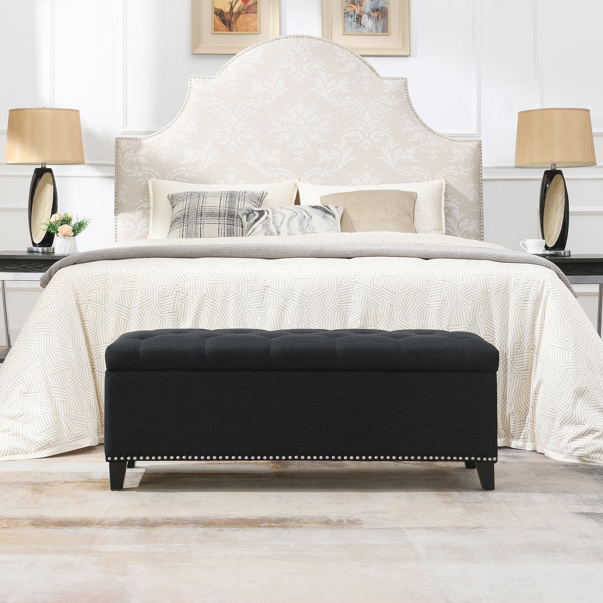 Black Storage Ottoman with Linen Fabric - 47.5" Foot Rest for Living Room