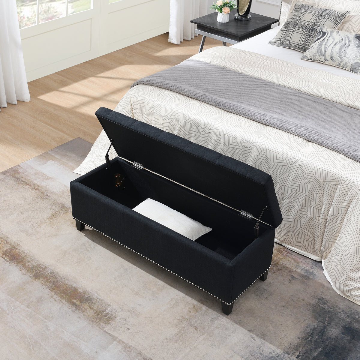 Black Storage Ottoman with Linen Fabric - 47.5" Foot Rest for Living Room