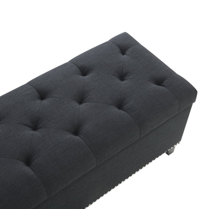Black Storage Ottoman with Linen Fabric - 47.5" Foot Rest for Living Room