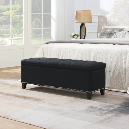47.5" Storage Ottoman, Storage Bench with Safety Close Hinge, Linen Button-Tufted Ottoman for Living Room, Entryway, Hallway, Foot Rest, Support 500lbs - Black