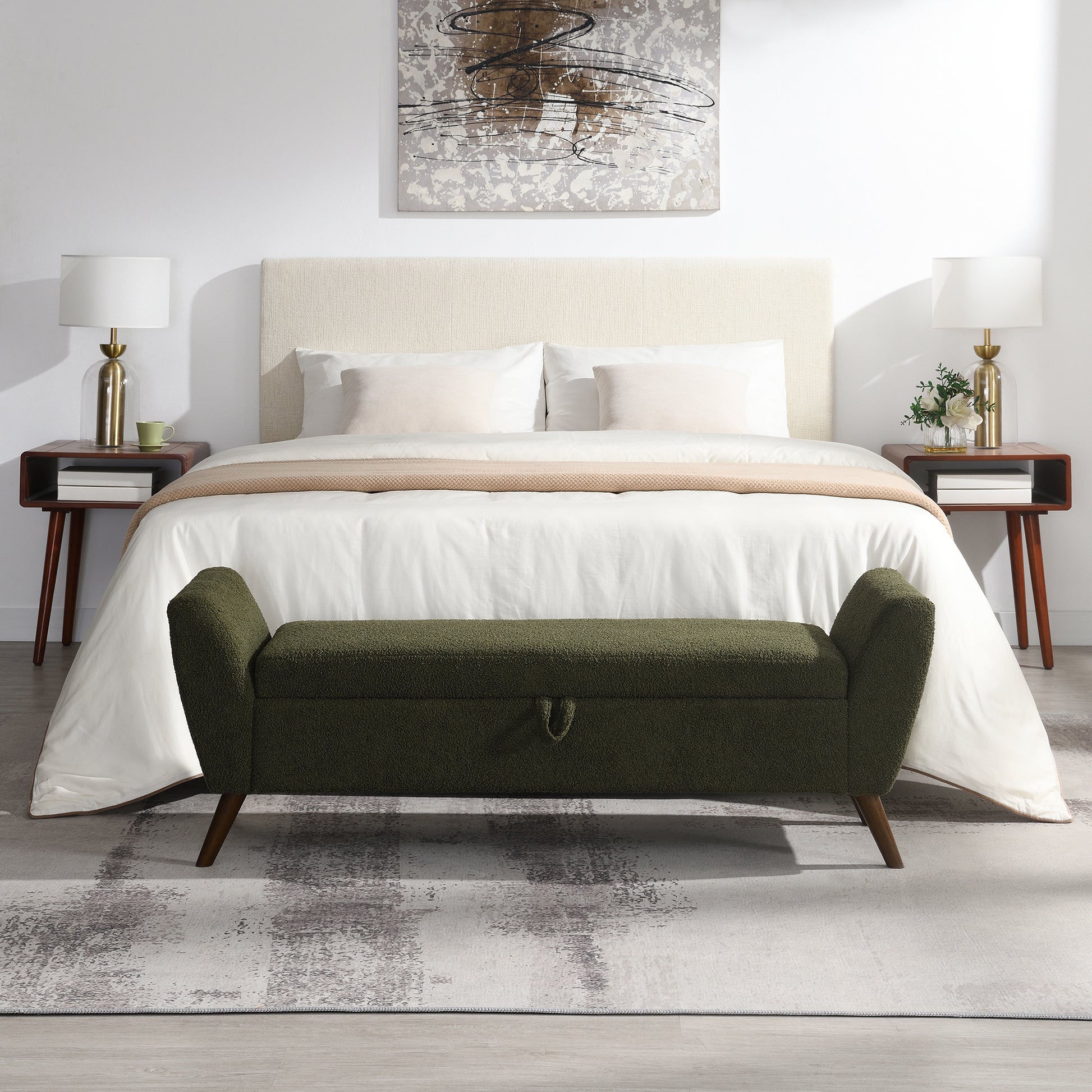 60'' Modern Storage Bench with Mid-Centruy Wood Legs,Bench with Storage for Living Room & Bedroom,Comfort Padded - Teddy Olive Green