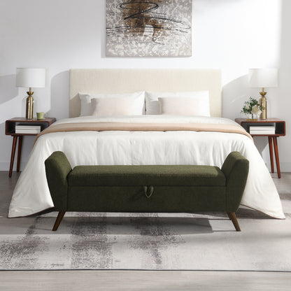 60'' Modern Storage Bench with Mid-Centruy Wood Legs,Bench with Storage for Living Room & Bedroom,Comfort Padded - Teddy Olive Green