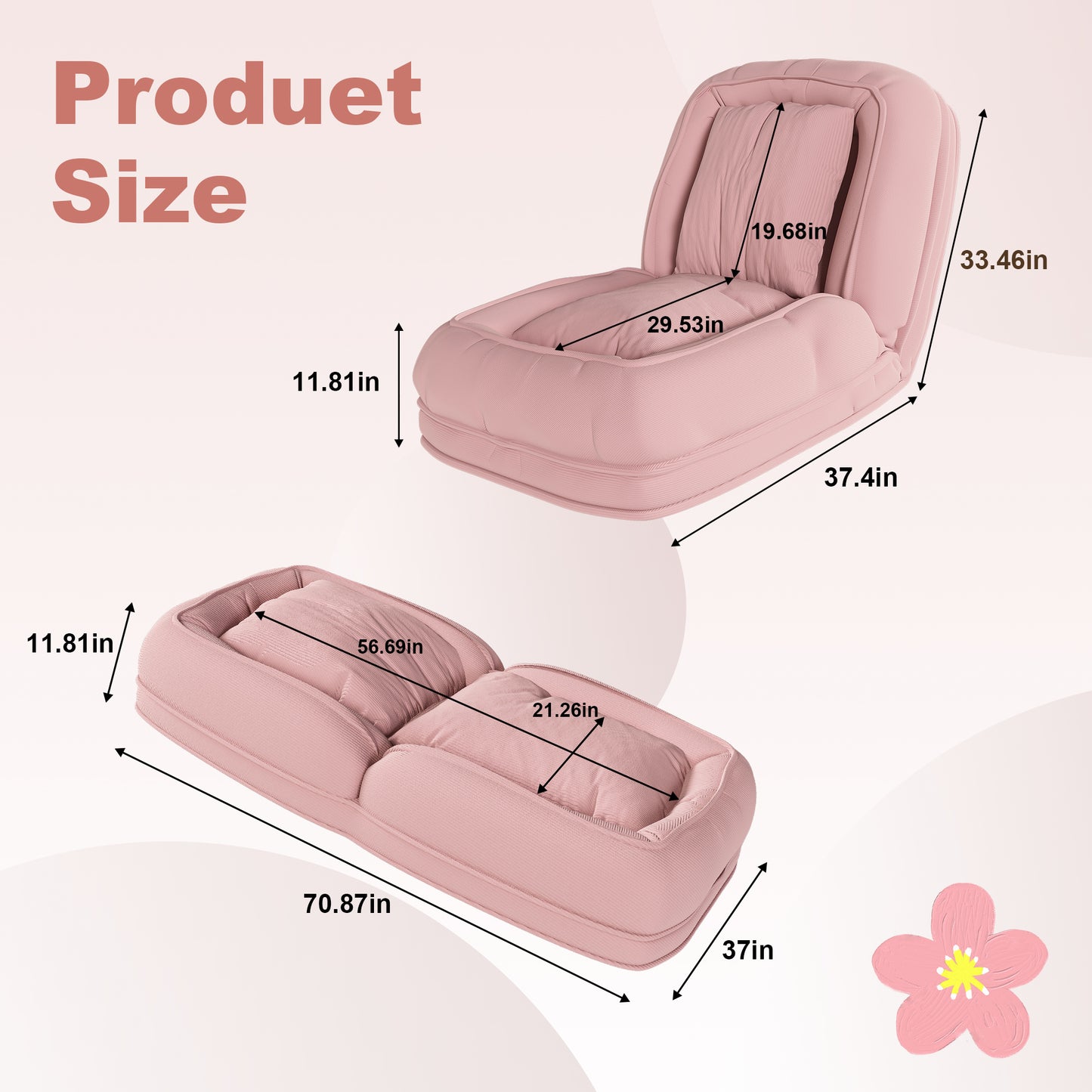 Pink Corduroy Foldable Sofa Bed - Primary Living Space for Living Room
