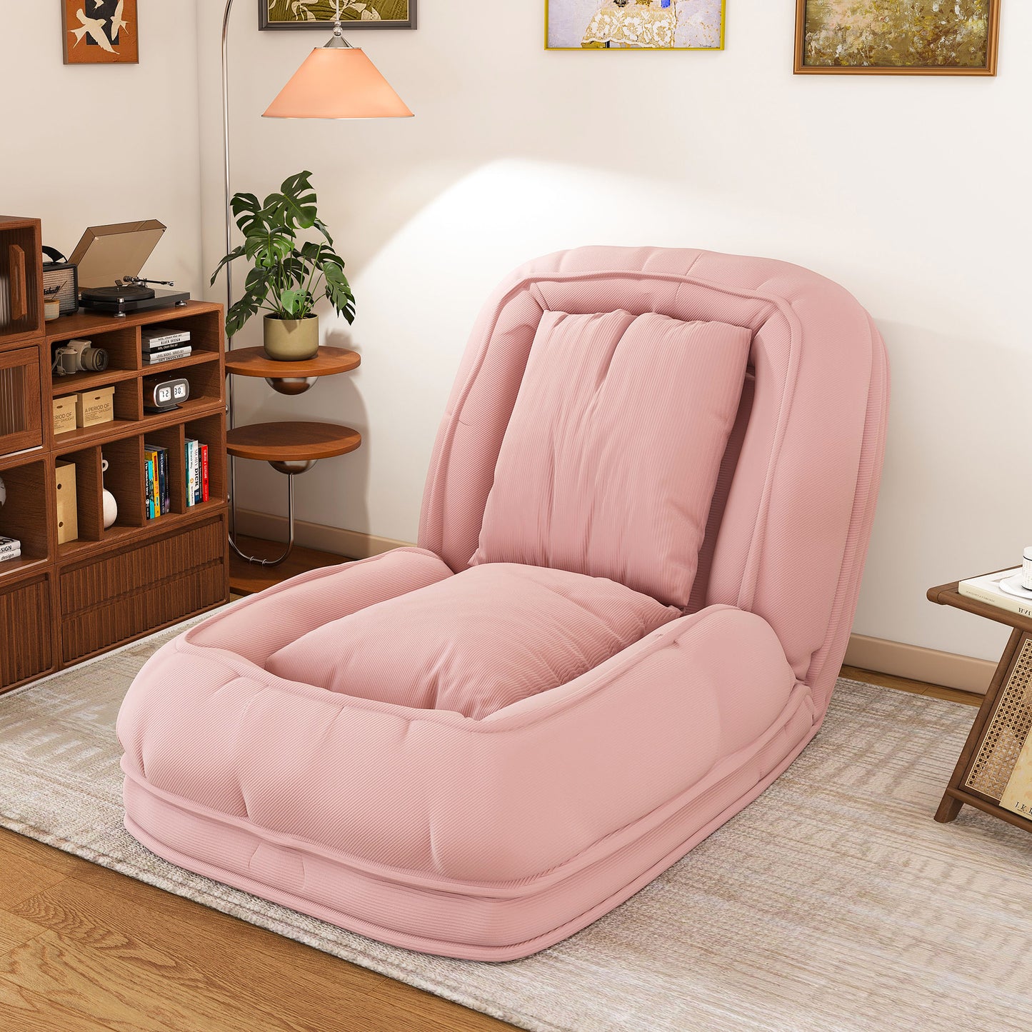 Upholstered  Human Dog Bed for Adults and Pets, Foldable Lazy Sofa Bed with 5 Adjustable Position, Includes 2 Soft Pillows for Bedroom, Living Room, Reading Corner(Pink)