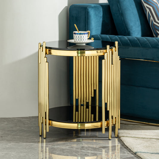 Luxury Round End Table with 2-Tier Black Tempered Glass Top and Gold Stainless Steel Frame, Modern Side Table for Living Room, Bedroom, Office, or Café