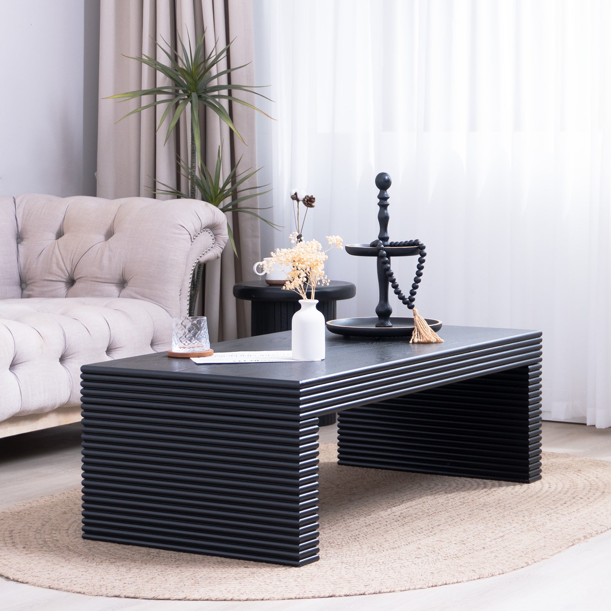 47.6" Modern Black Ribbed Coffee Table - Rectangular Low Profile Center Table