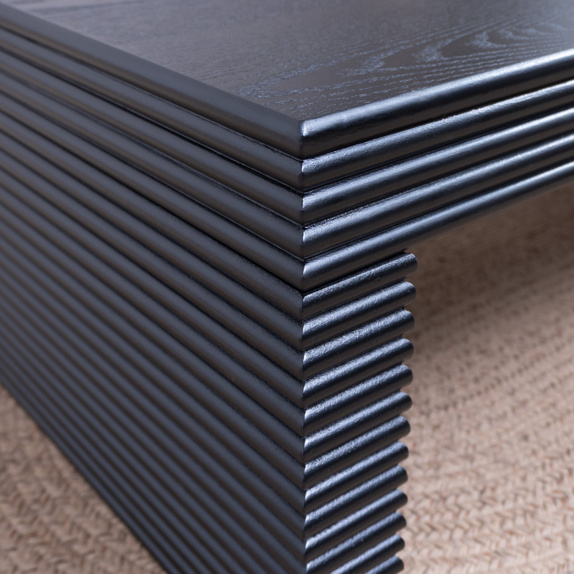 47.6" Modern Black Ribbed Coffee Table - Rectangular Low Profile Center Table
