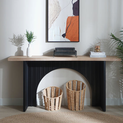 Modern Minimalist Console Table with Black Arch Base and Natural Wood Top,66in Length Console Table,Wood Table