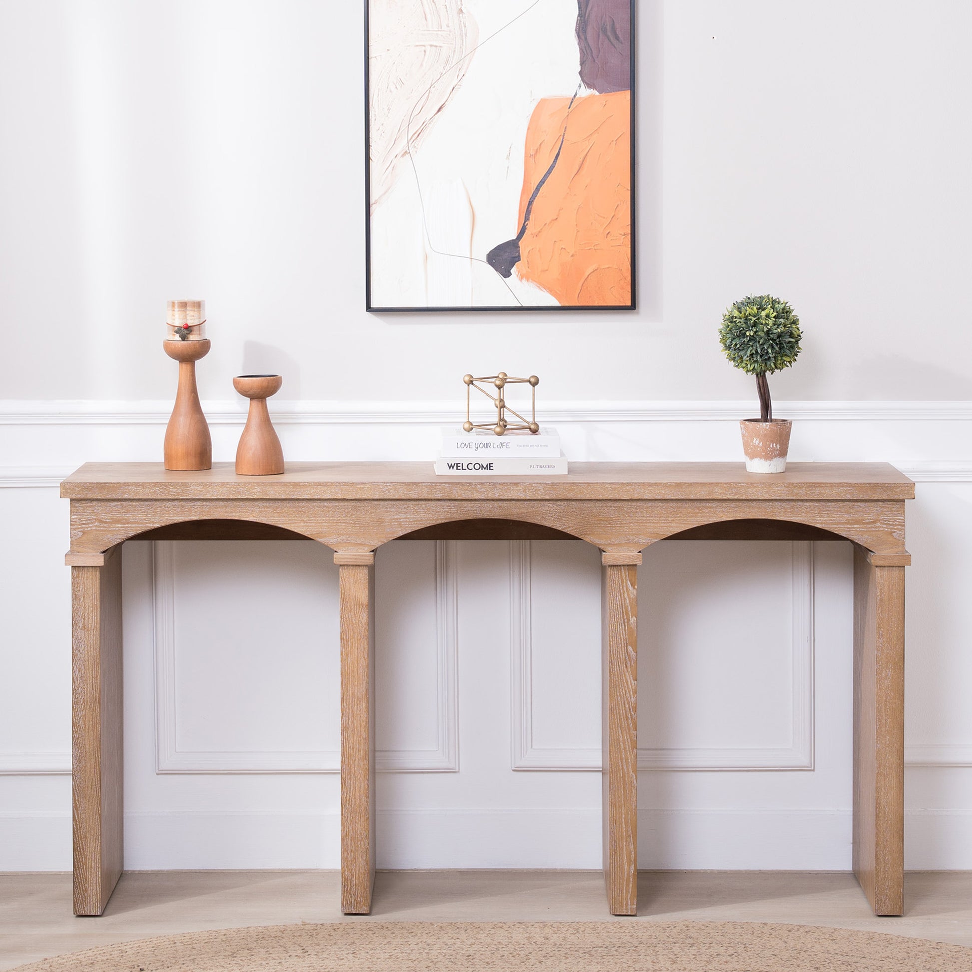 Rustic Archway Console Table – 60"Long Entryway Table with Decorative Arched Legs, Natural Wood Finish, Narrow Sofa Table for Hallway, Living Room, or Foyer