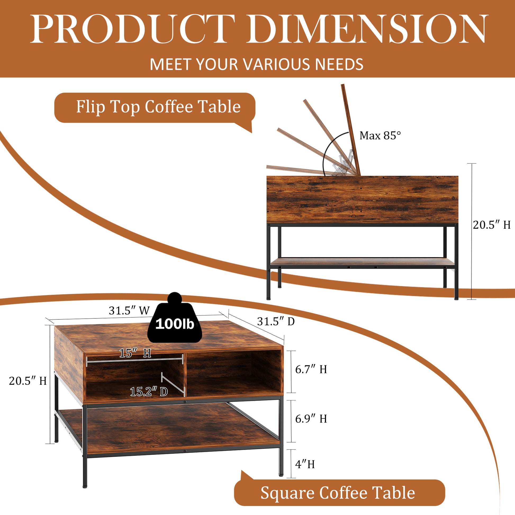 Flip-Top Coffee Table with Storage - Dark Walnut & Black Metal - 31.5" Lift-Top