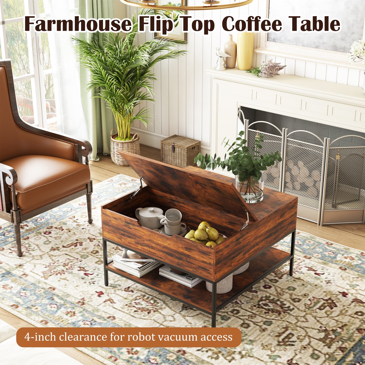 Flip-Top Coffee Table with Storage - Dark Walnut & Black Metal - 31.5" Lift-Top