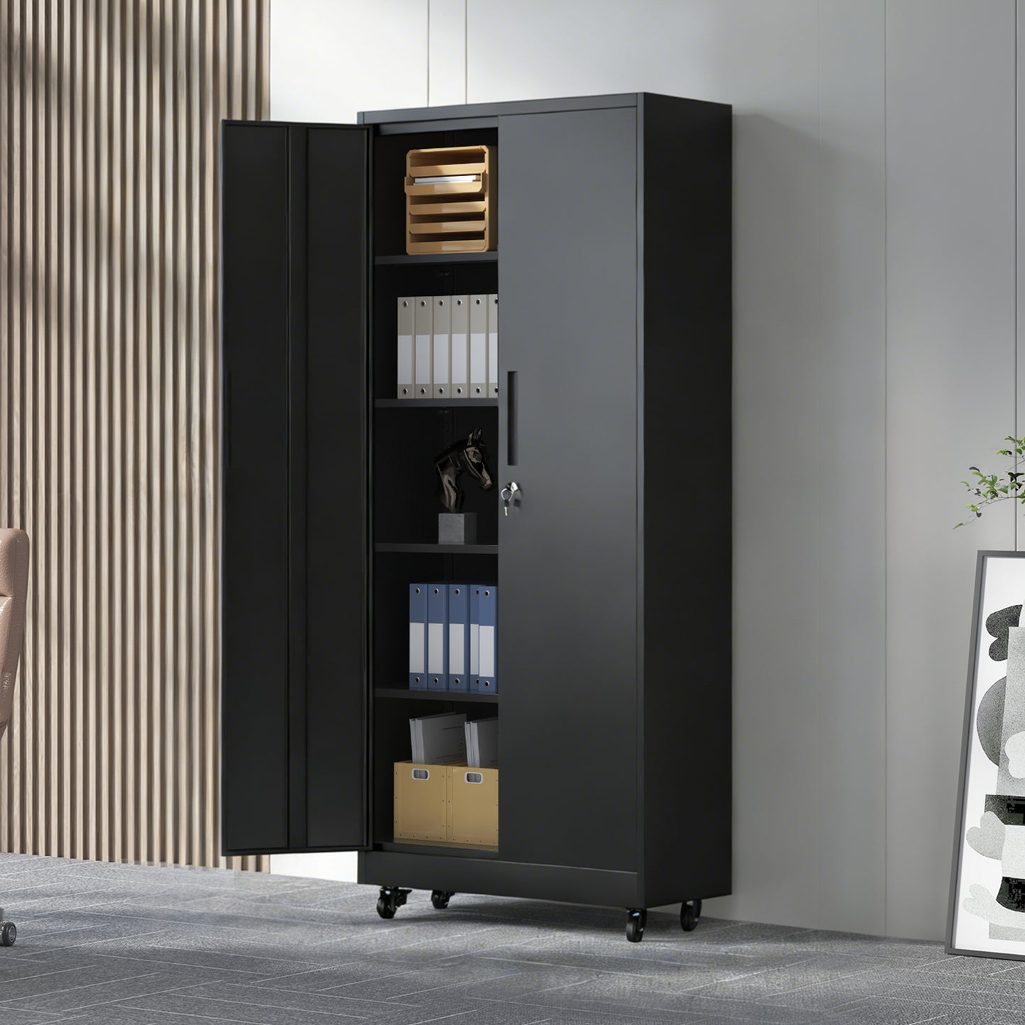 71"H Metal Garage Storage Cabinet with Wheels and Lock, Heavy Duty Rolling Metal Cabinet, 4 Adjustable Shelves (180lb Each), 3-Point Locking Security, for Tool Organization in Garage, Workshop, Office